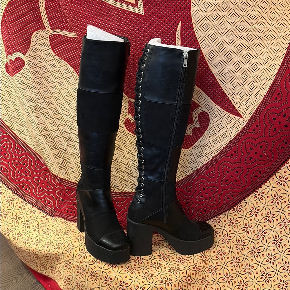 Black Knee High Boots with Lace-Up Design
